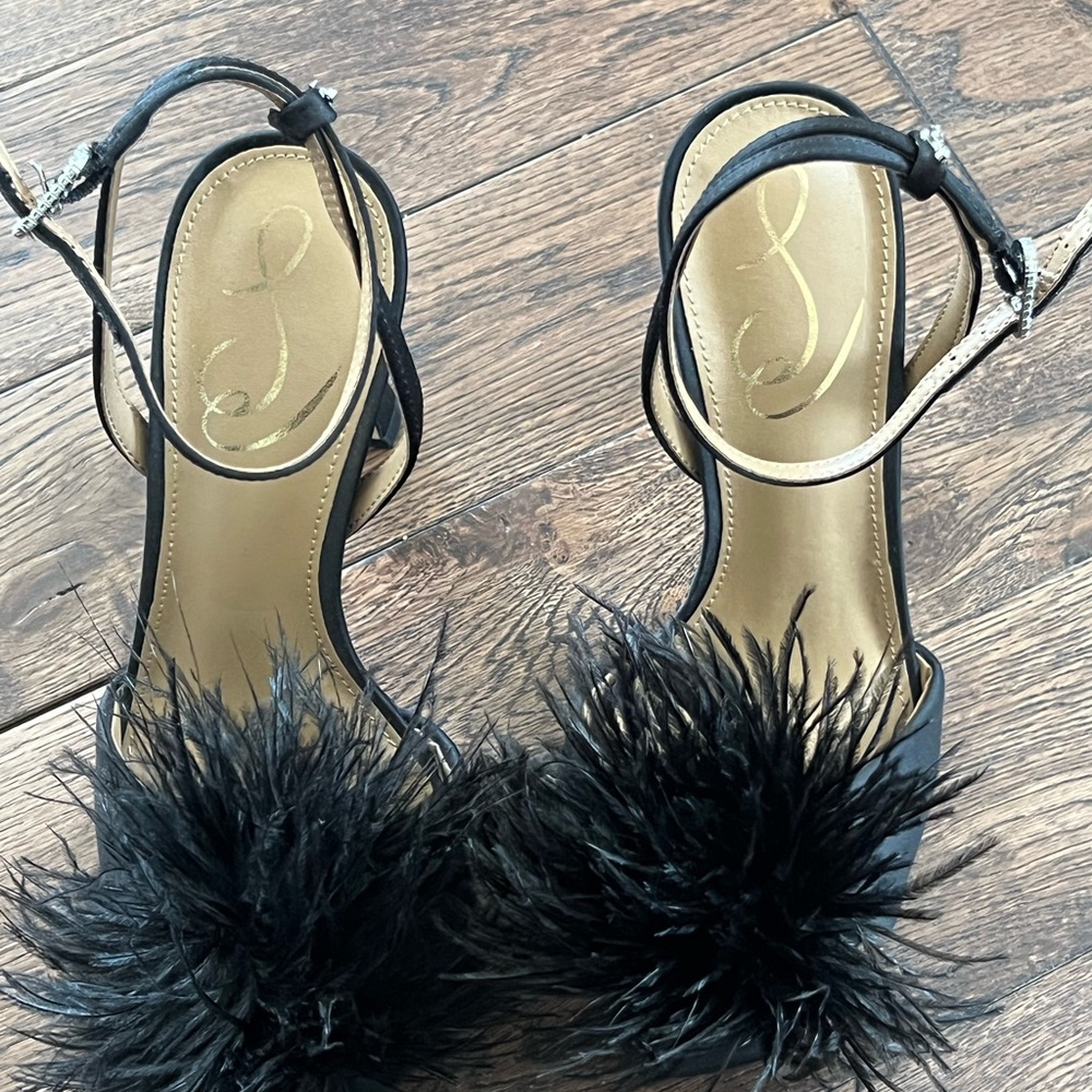 Sam Edelman Leon Black Feather Pom-Pom Ankle Strap Heels